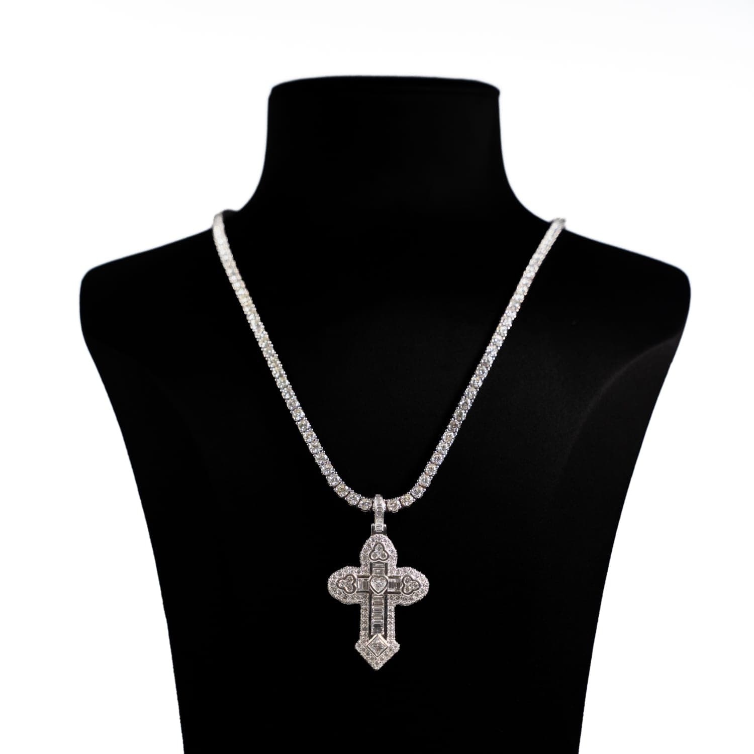 Ornate Diamond Cross Pendant on Tennis Chain