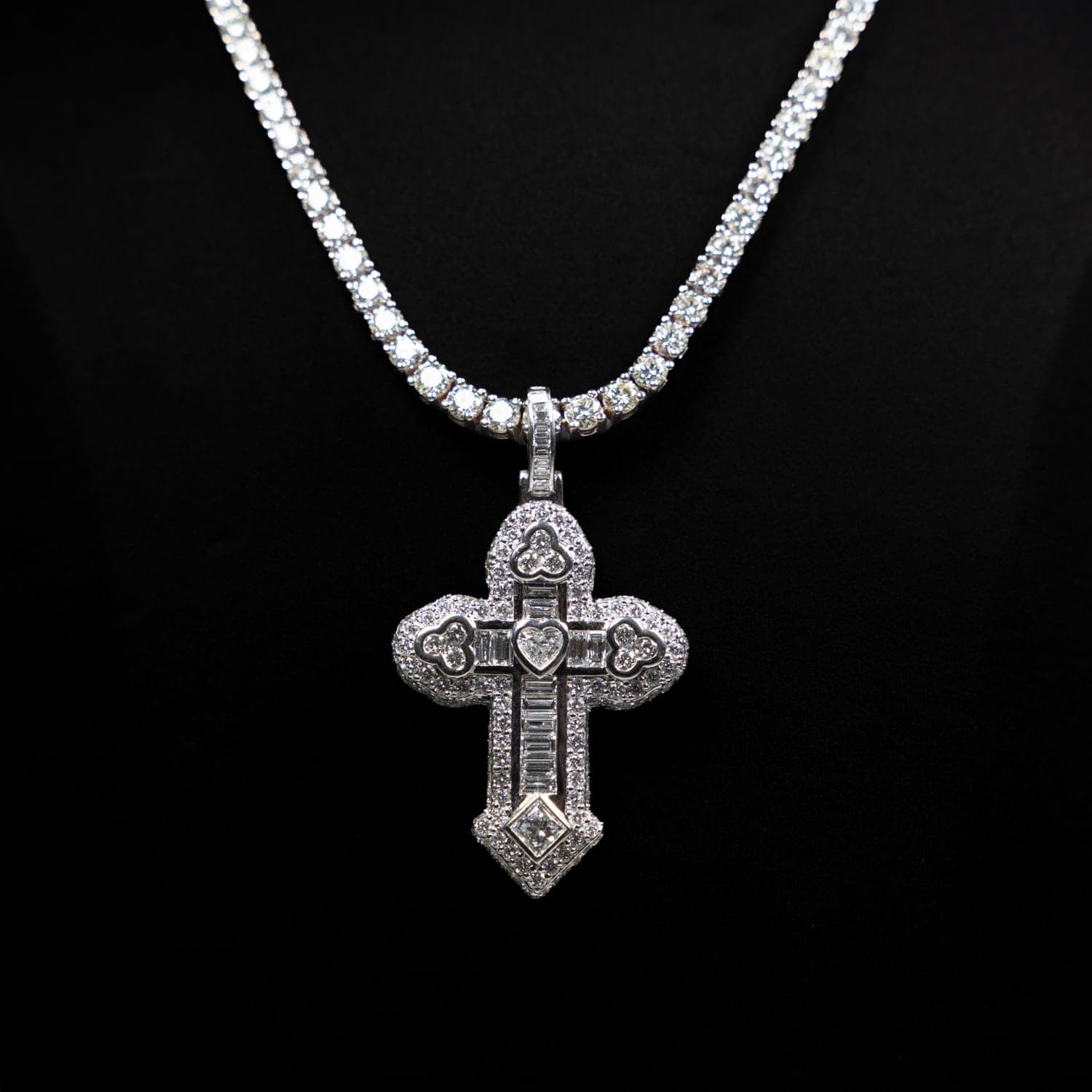 Ornate Diamond Cross Pendant on Tennis Chain