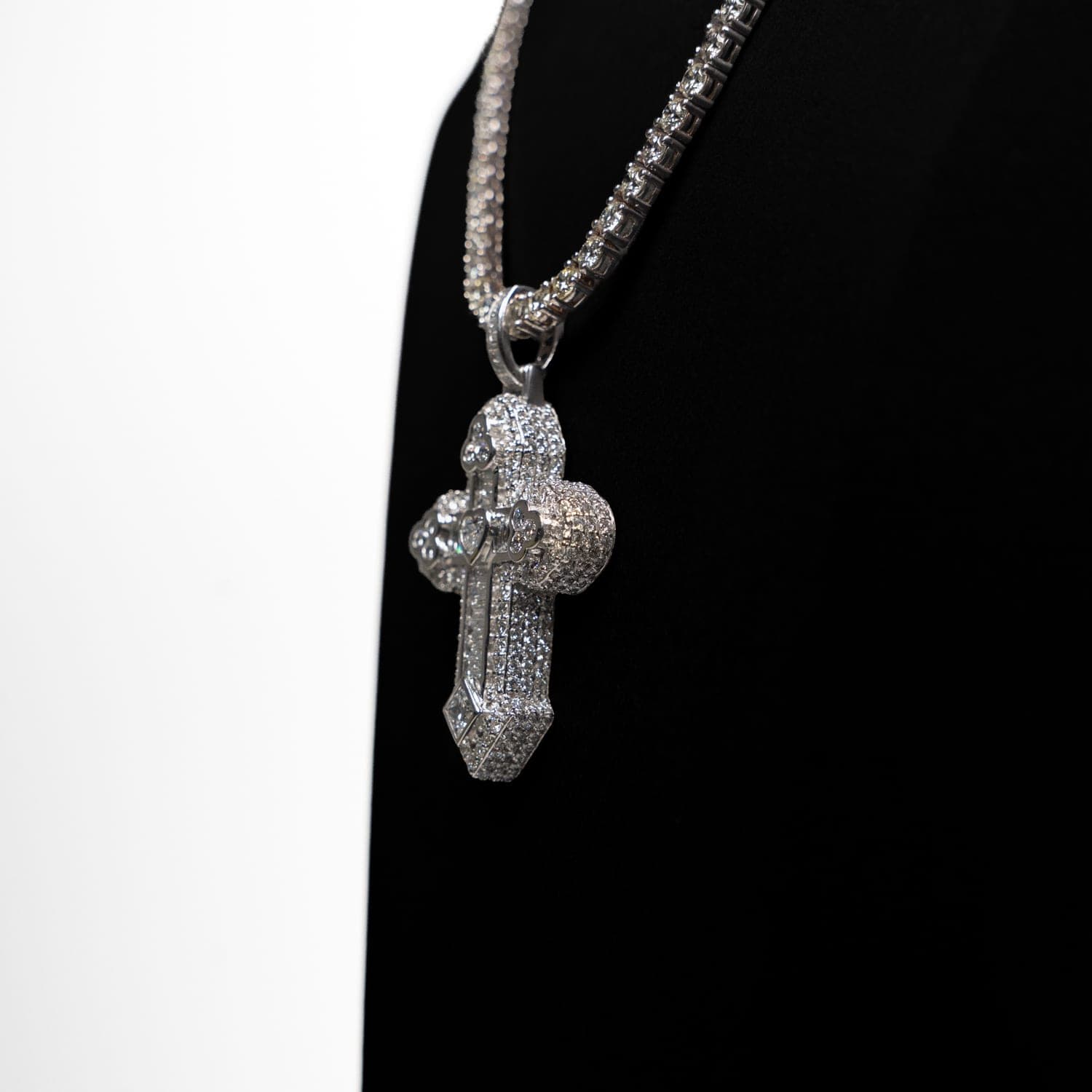 Ornate Diamond Cross Pendant on Tennis Chain