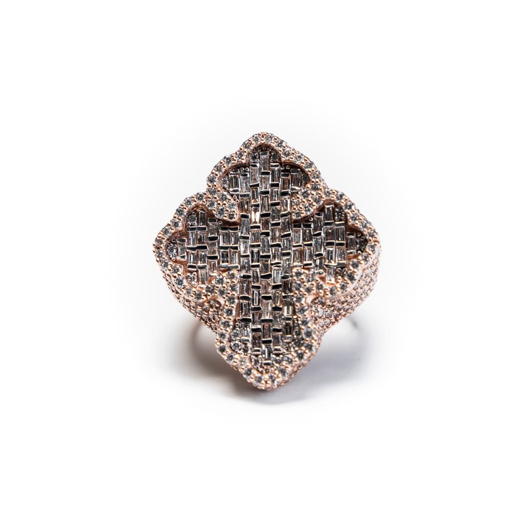 Rose Gold Baguette and Round Cut Diamond Cross Ring
